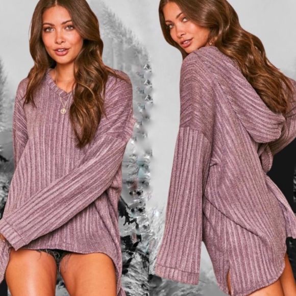 SMOKE PURPLE RIBBED KNIT HOODIE - Picture 2 of 8